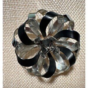 Vintage Flower Brooch Pin Silver Tone & Black Ribbon 2.25" Unique Lovely
